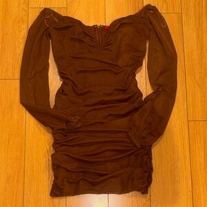 Guess Brown Long Sleeve Ruched Bodycon Dress
